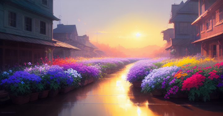 a stunning sunset village filled with many types of beautiful colorful flowers ai generated art